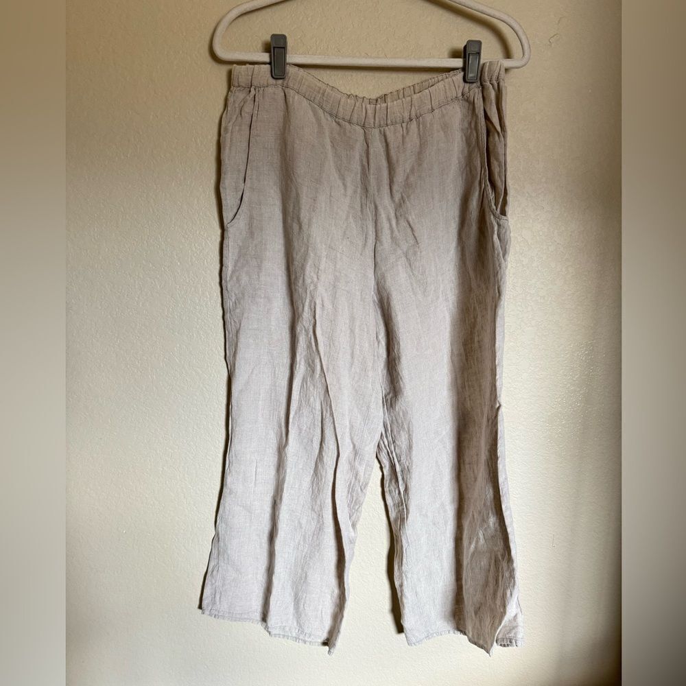 Vintage FLAX Wide Leg Linen Pants Sz 10 Petite Crop in Oat Color Neutral